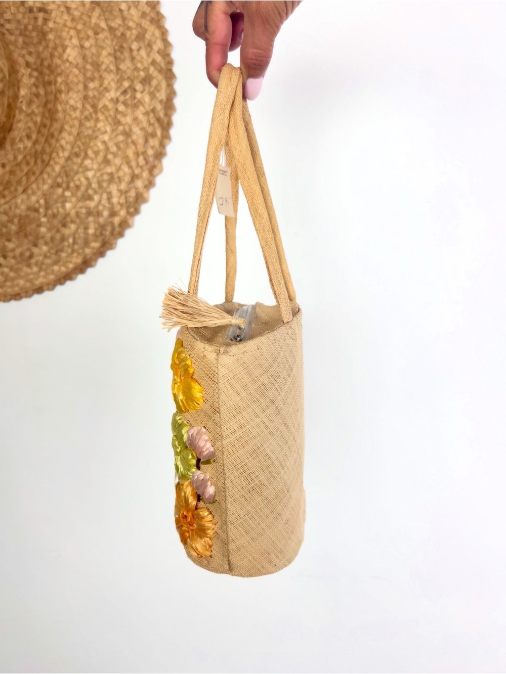 DEADSTOCK 60’s 60s Vintage Hand-Embroidered Straw Raffia Tote Bag Purse Handbag - Picture 8 of 9